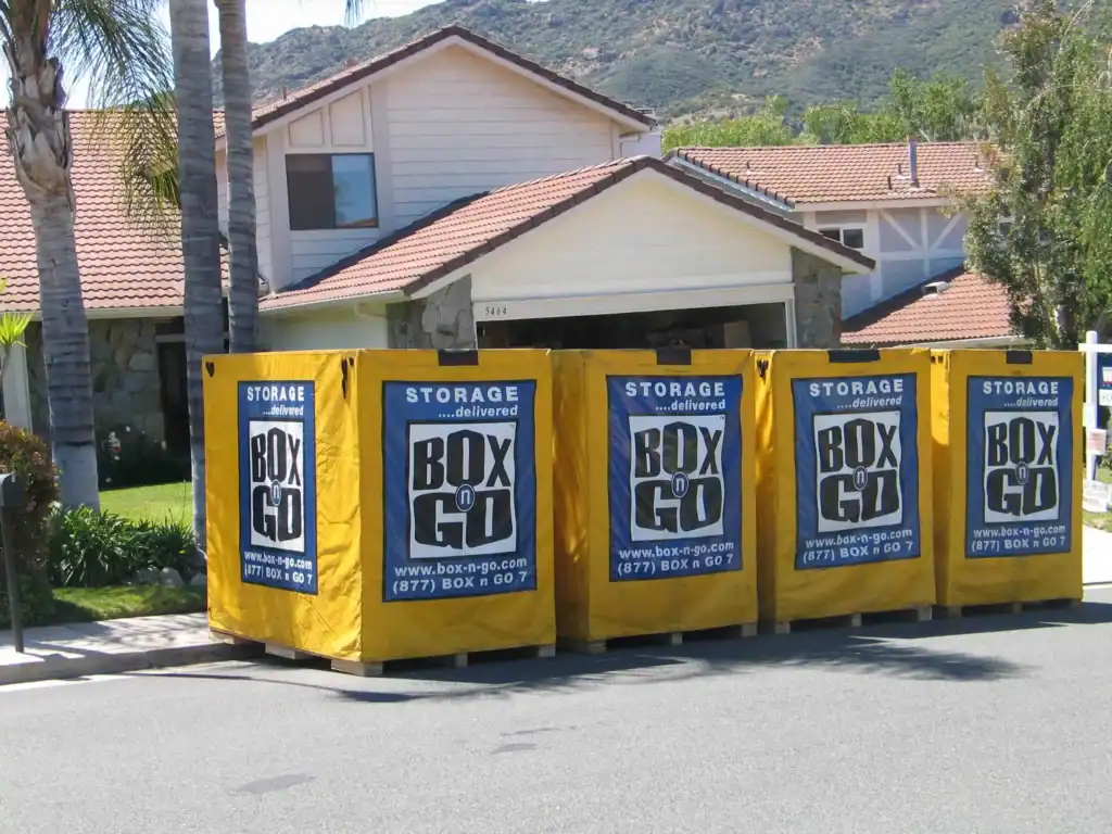 Affordable Self Storage in Whittier CA with portable Box-n-Go storage containers conveniently placed outside a residential home for moving and storage needs.