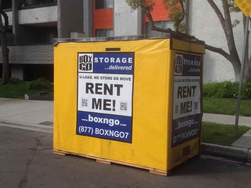Box-N-Go storage units Santa Monica placed outside apartment building.