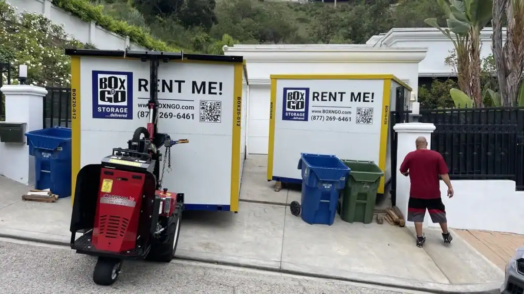 Box-n-Go portable storage containers delivered to a residential driveway in Pico Rivera CA, offering convenient and secure self storage in Pico Rivera CA for homeowners and renters.
