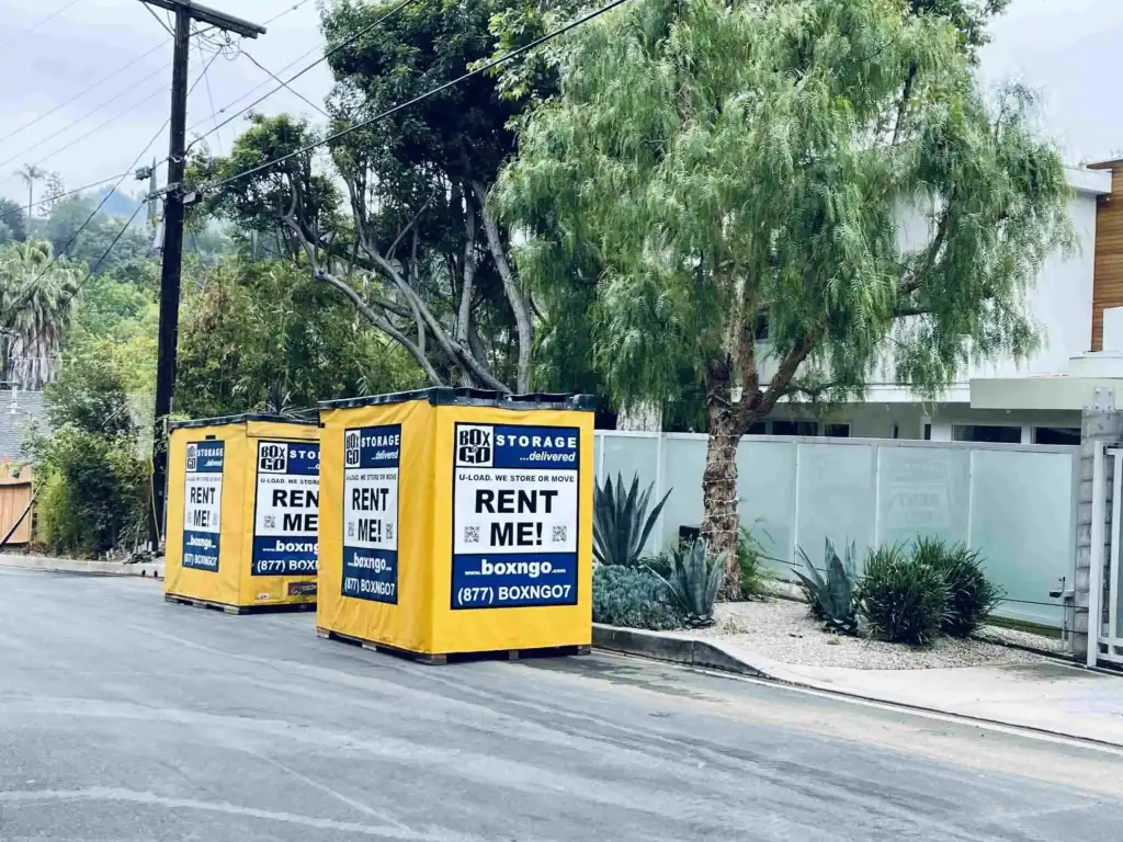 Box-n-Go portable storage containers placed on a residential street, offering flexible and secure Self Storage in Boyle Heights CA.