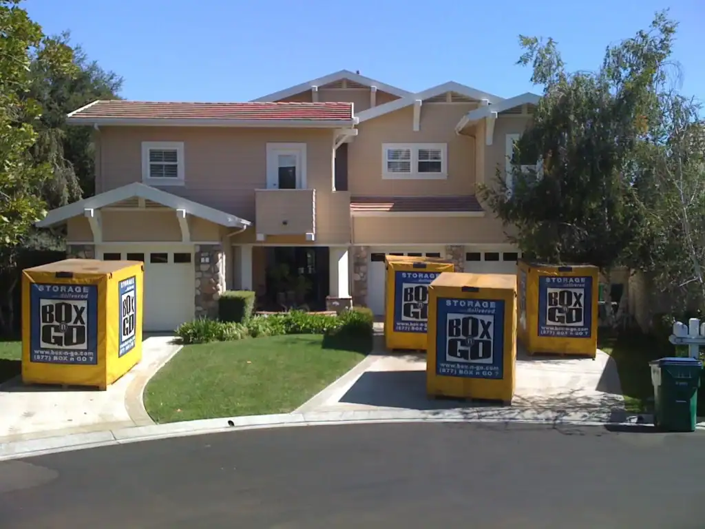 Convenient self storage in Alhambra CA with portable Box-n-Go storage containers delivered to a residential home for easy moving and storage solutions.