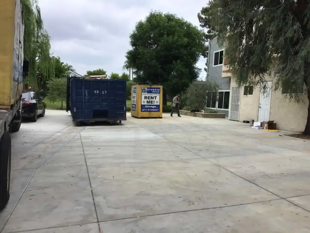 Convenient self storage in Marina del Rey CA with Box-n-Go portable storage container placed in residential driveway for easy moving and secure storage solutions.