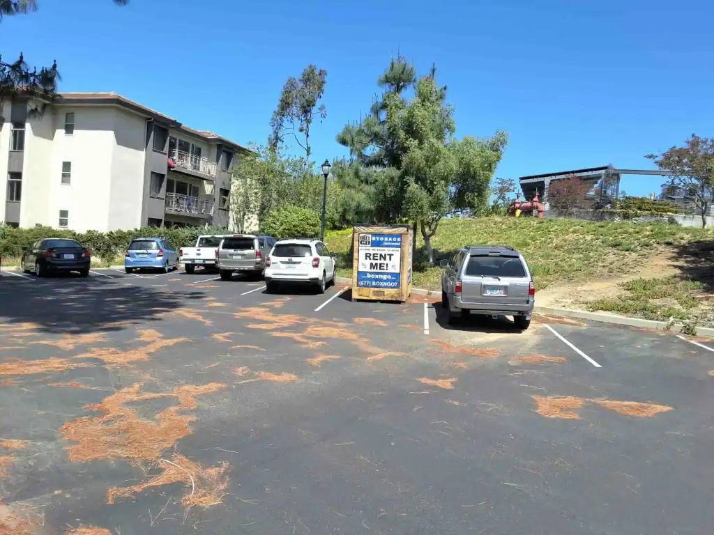 Moving Boxes Delivery in West Hollywood CA - A Box-N-Go portable storage unit is placed in a sunny residential parking lot, convenient for residents needing moving and storage solutions.