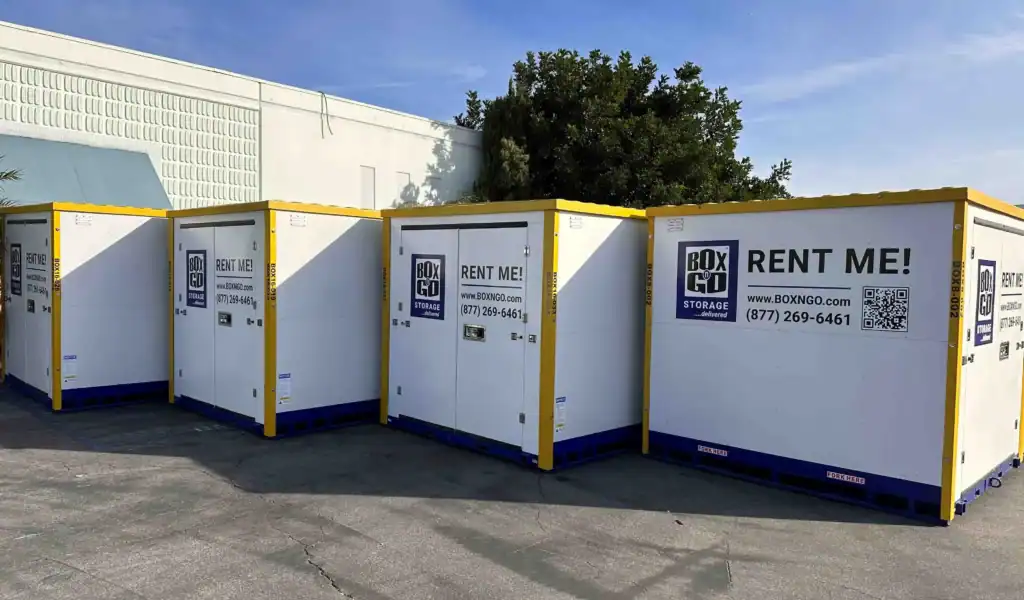 Multiple Box-n-Go portable storage containers available for rent, offering secure and flexible self storage in Montebello CA for residents and businesses.