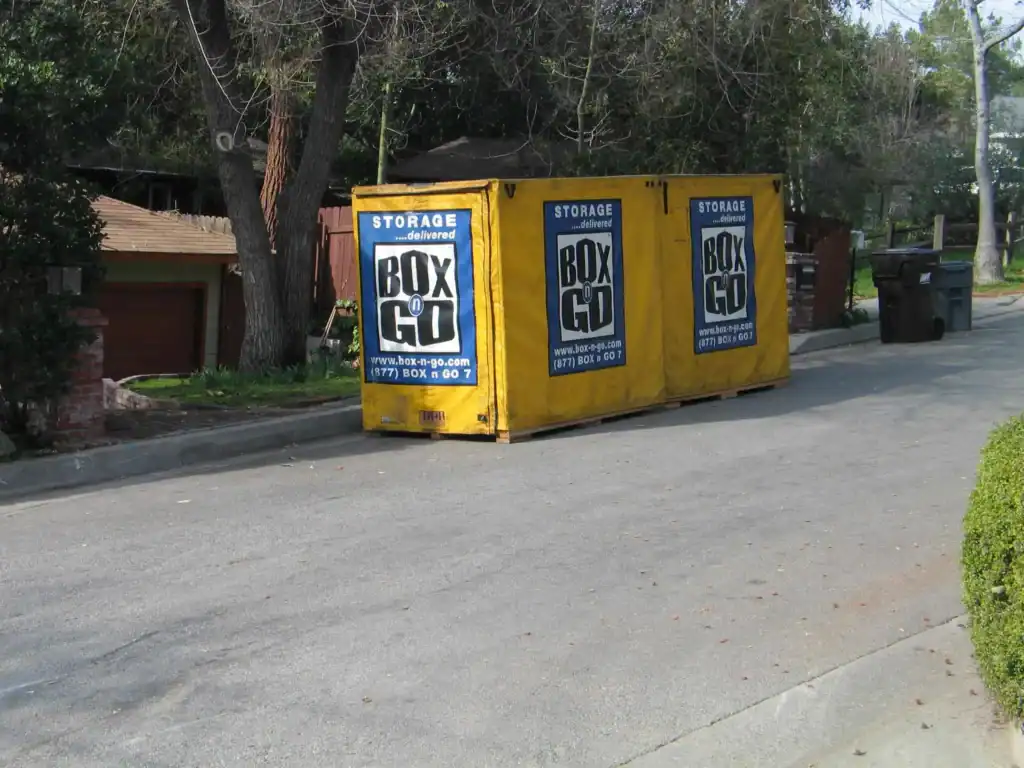 Portable Box-n-Go containers placed curbside for self storage in Rosemead CA, offering secure and convenient storage solutions for homeowners.
