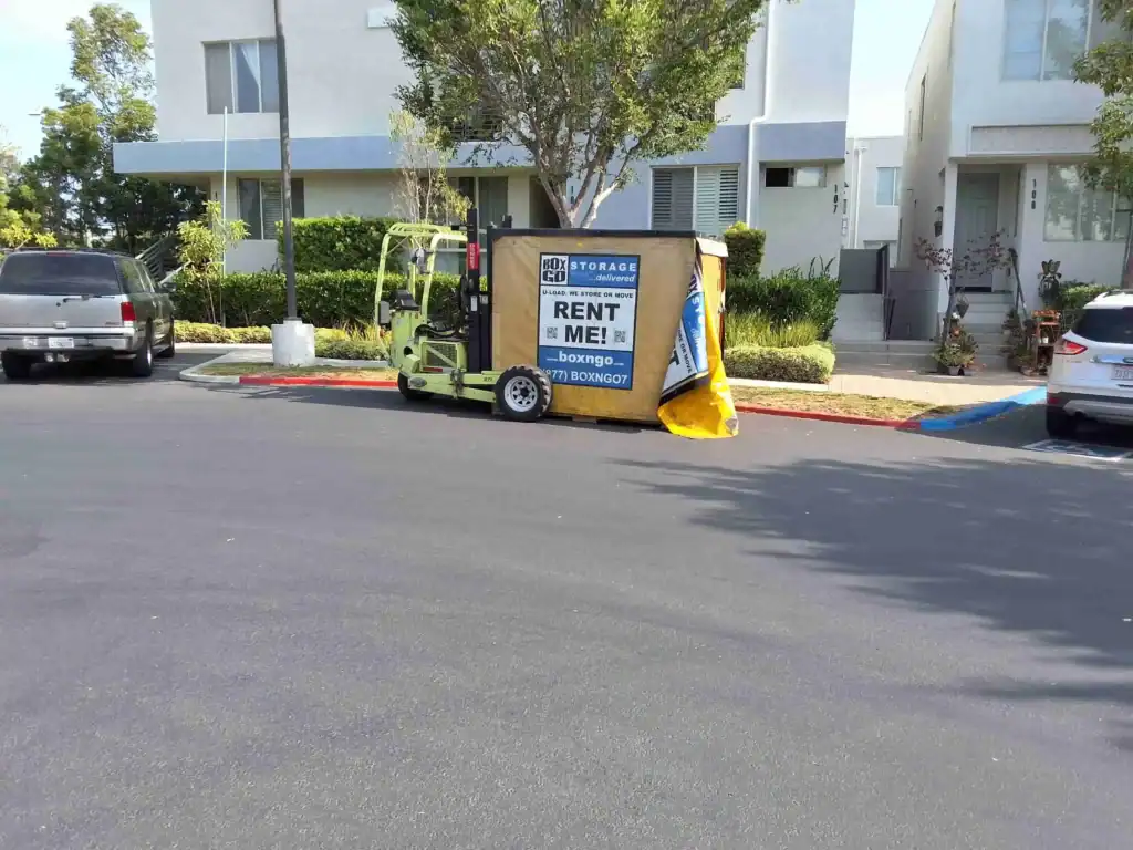 Portable self storage in Bel Air CA with Box-n-Go container rental service for convenient moving and storage at residential homes.