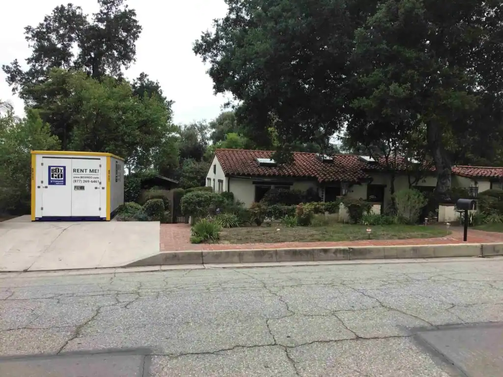 Portable self storage in Malibu CA with Box-n-Go storage container placed at a residential home for convenient moving and temporary storage solutions.