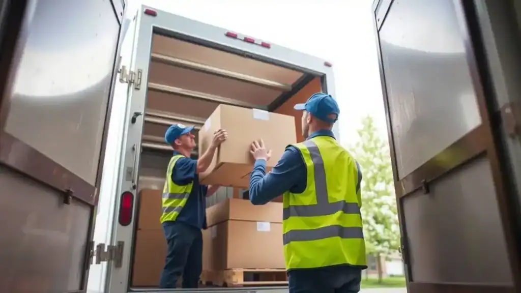 Professional movers from Top-Rated Local Moving Companies in West Hollywood CA carefully move boxes outside a residential home, showcasing safe and efficient moving services.