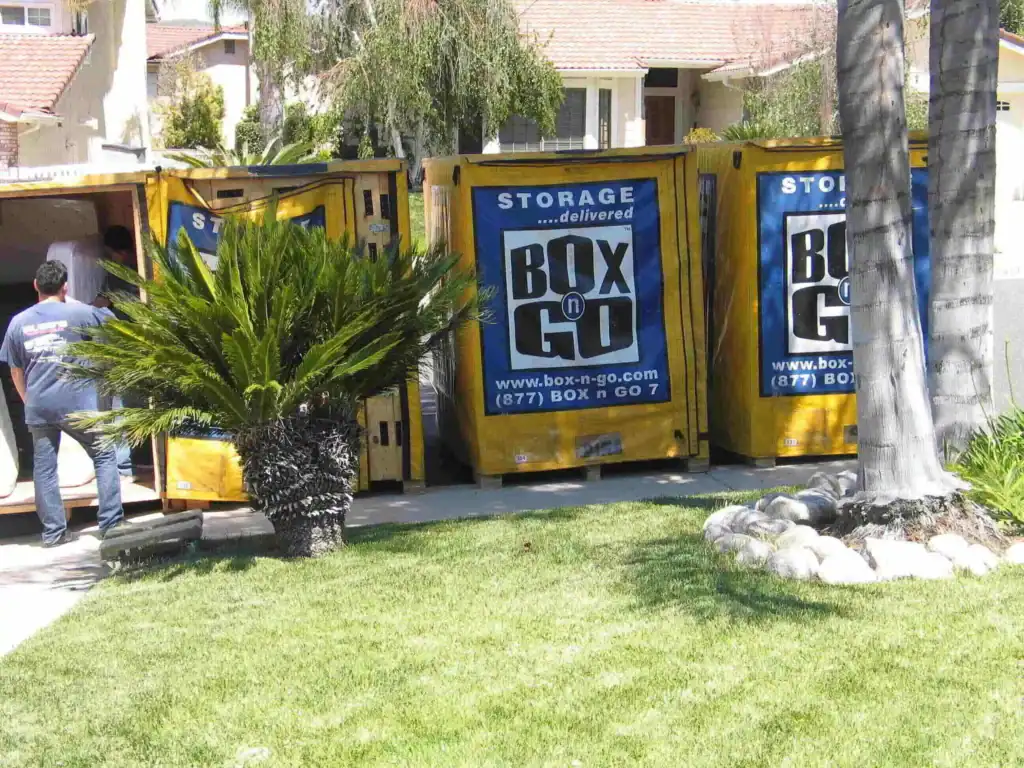 Residents using Box-n-Go portable containers for self storage in Alhambra CA, offering secure and affordable moving and storage solutions at home.