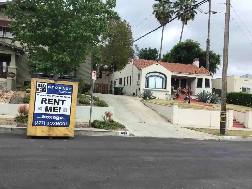 Self Storage in Santa Monica CA with Box-n-Go portable storage container delivered to residential home for easy moving and storage solutions.