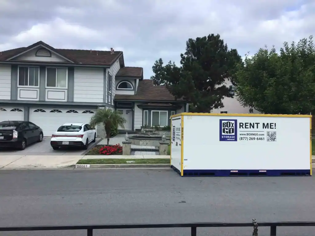Self storage in Atwater Village CA with a BOX-n-Go portable storage container placed in front of a residential home, providing convenient and secure storage rental options.