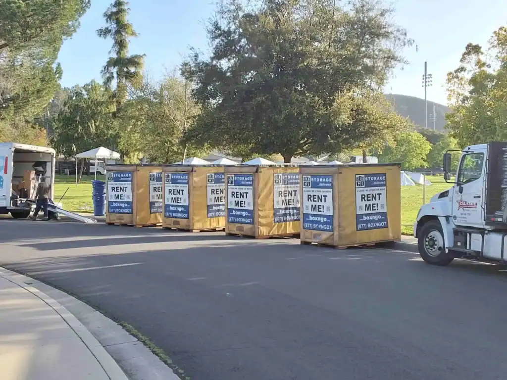 Self storage in Atwater Village CA with multiple BOX-n-Go portable storage containers lined up outdoors, providing flexible and affordable storage solutions for residents and businesses.