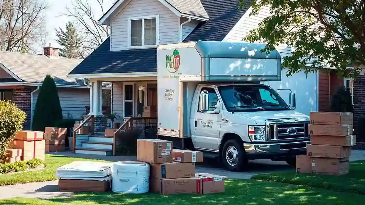 Top-Rated Local Moving Companies in West Hollywood CA help with residential moves. The image shows a moving truck parked outside a house, surrounded by neatly packed boxes and furniture, ready to be loaded for transport.
