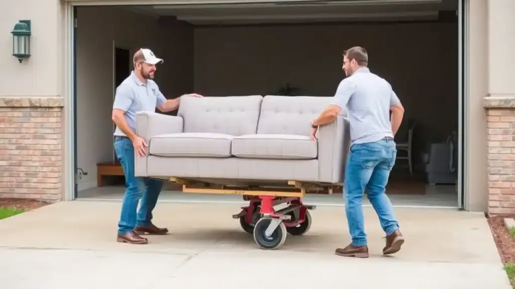 Top-Rated Local Moving Companies in West Hollywood CA provide expert furniture moving services. The image shows two movers carefully transporting a couch using a furniture dolly to ensure a smooth and efficient relocation.