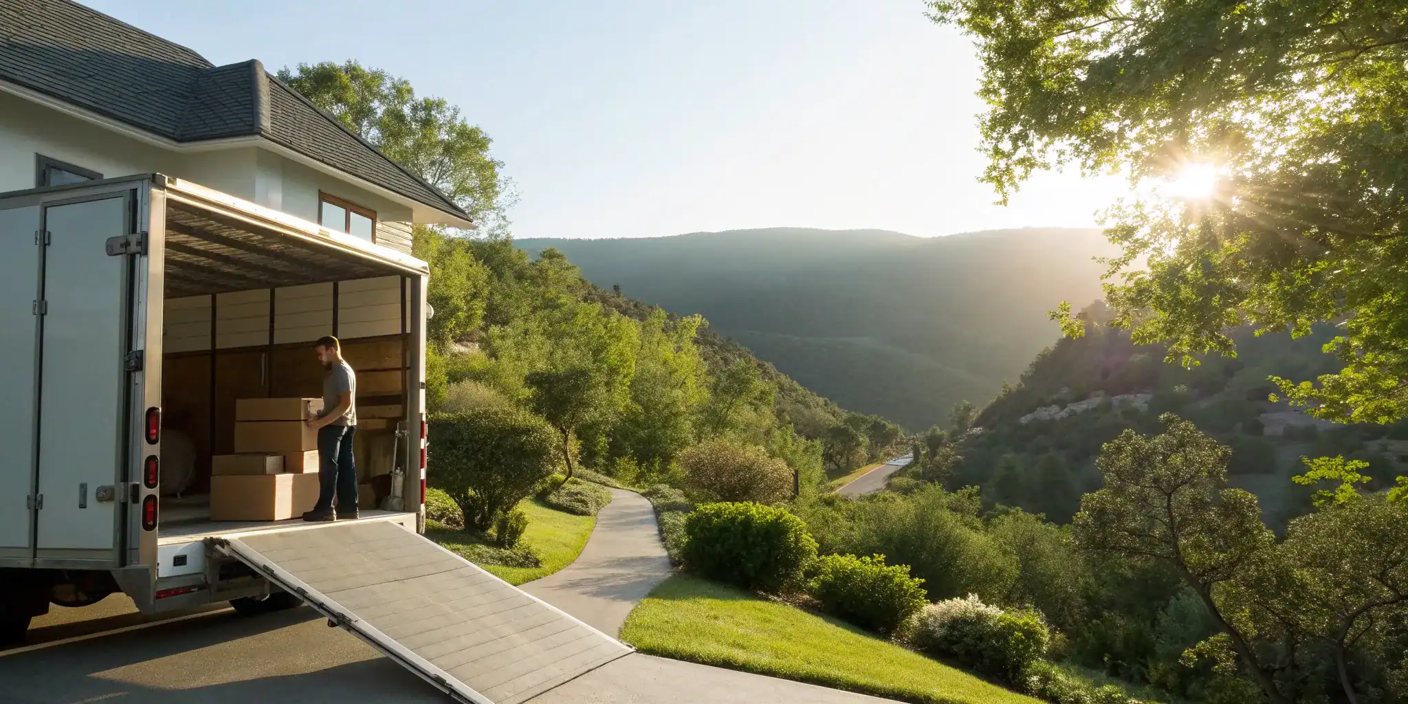 Laguna Hills self storage: Moving truck unloading boxes near scenic hills.