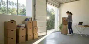 Student packing books and a laptop into boxes in a storage unit.