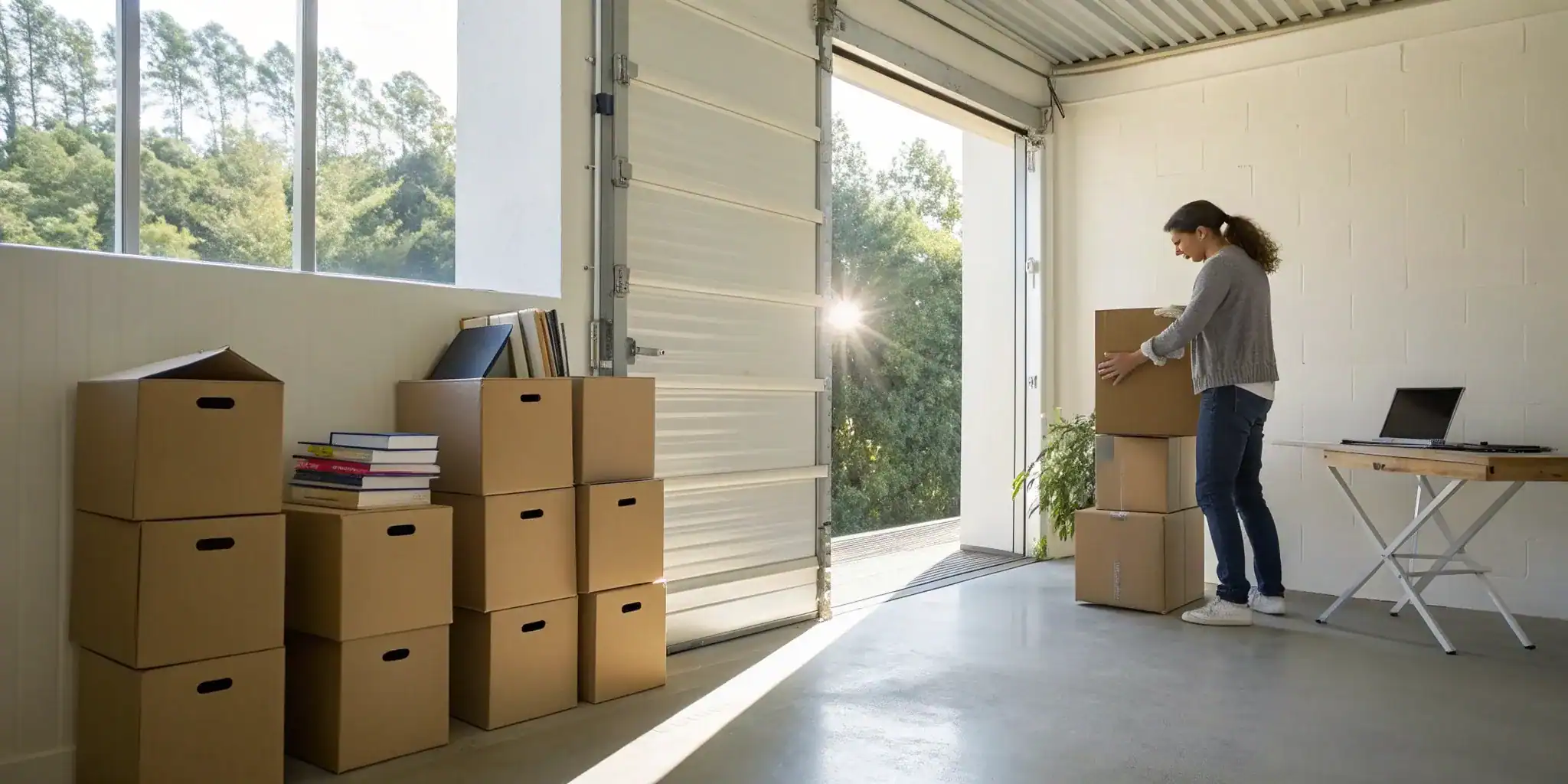 Student packing books and a laptop into boxes in a storage unit.