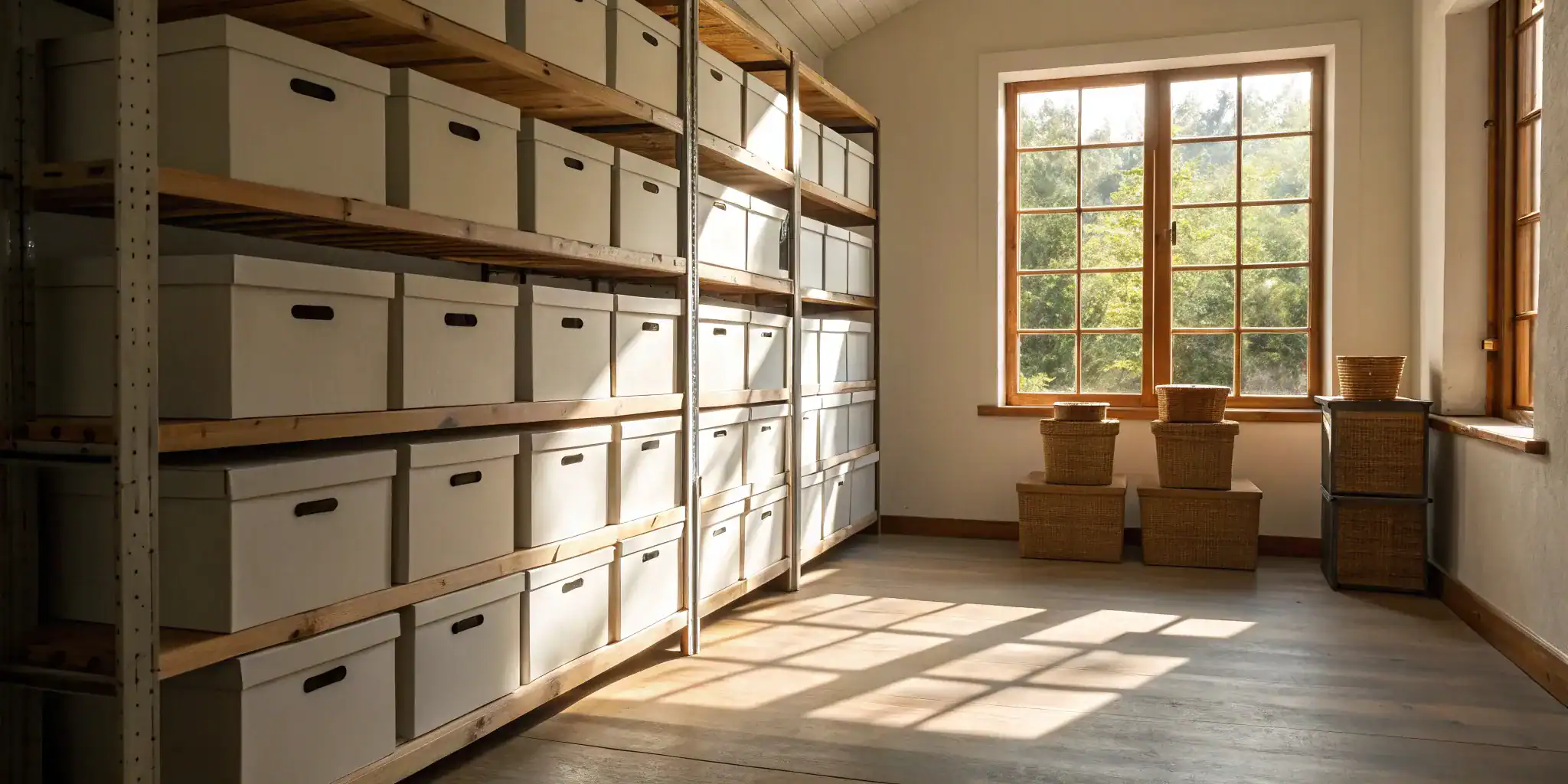 Well-organized cube self storage unit with boxes and natural light.