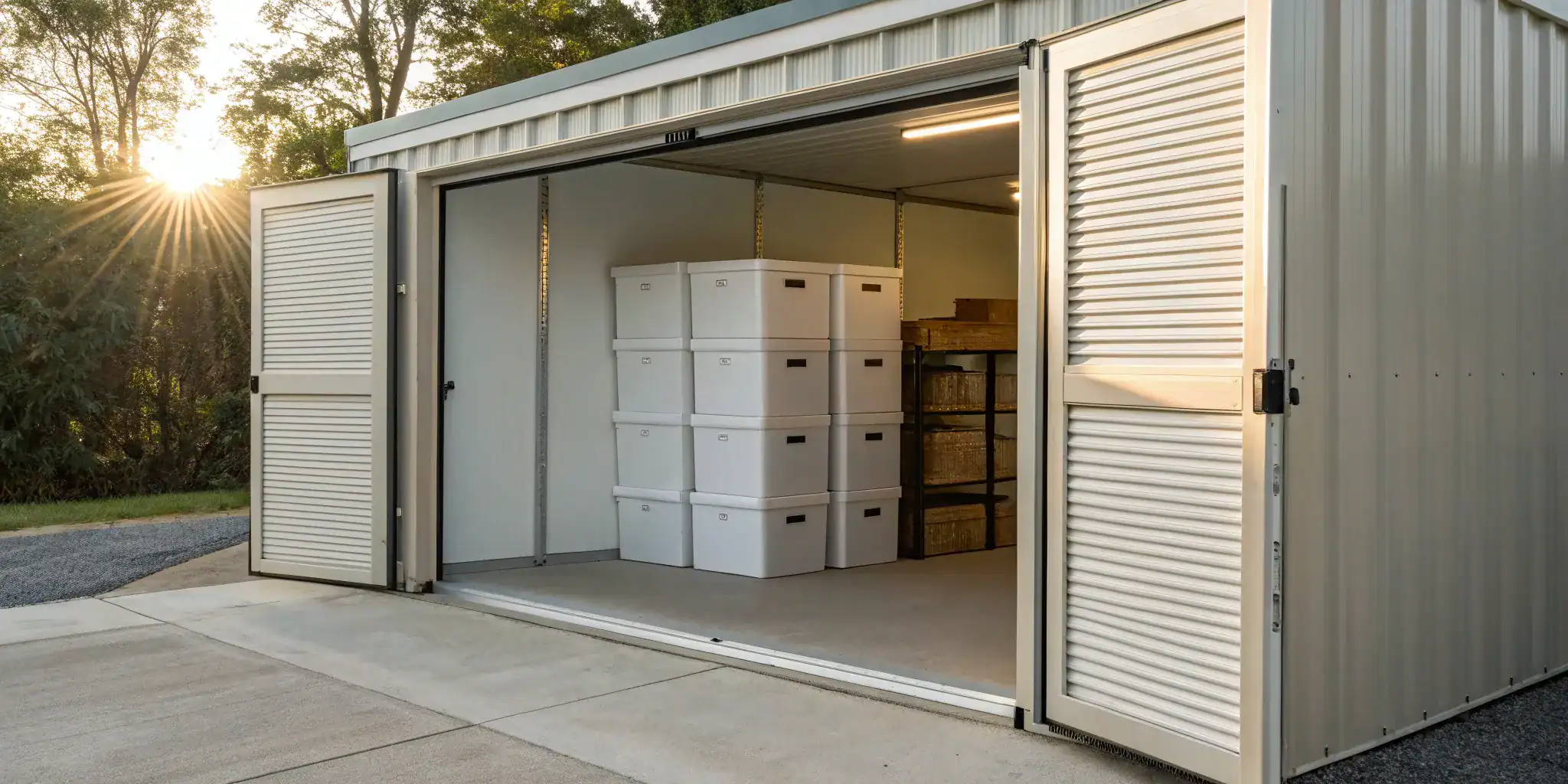 Secure personal mini storage unit with organized boxes and shelves.