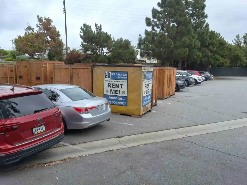 Box-n-Go portable container in a parking lot providing secure and convenient self storage in Maywood CA for residents and businesses.