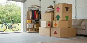 Self storage unit packed with boxes, clothes, and a bike.