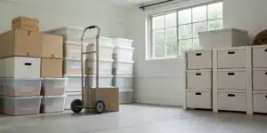 Organized small business storage unit with boxes and bins.