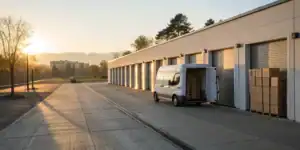 Torrance self storage units with moving truck at sunrise.