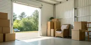 Costa Mesa self storage unit with furniture and boxes.