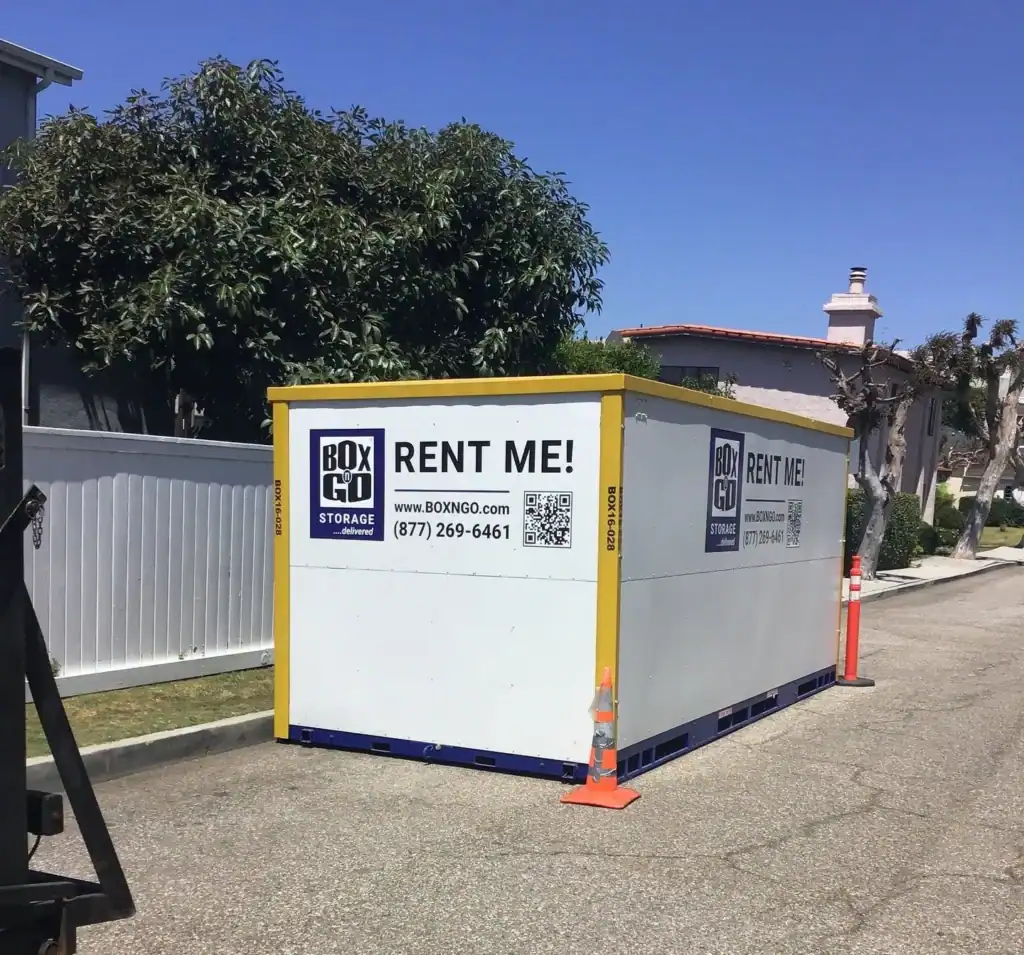 Box-n-Go portable storage container placed on a residential street, offering flexible and affordable business storage in Santa Monica.