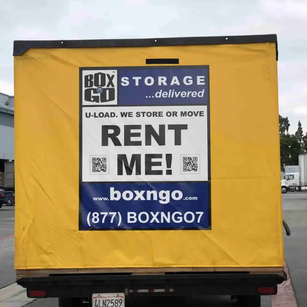 Box-n-Go portable storage unit with a 'Rent Me' sign, promoting flexible and affordable business storage in Sherman Oaks for offices, retailers, and commercial inventory management.