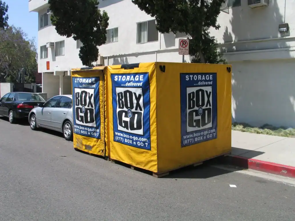 Box-n-Go portable units placed on a residential street for storage container rental Santa Monica, providing convenient moving and storage solutions.