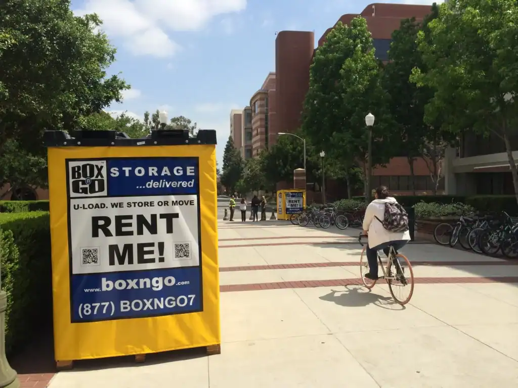 Box-n-Go student storage near Santa Monica with portable containers on a college campus, offering convenient storage and moving solutions for students.