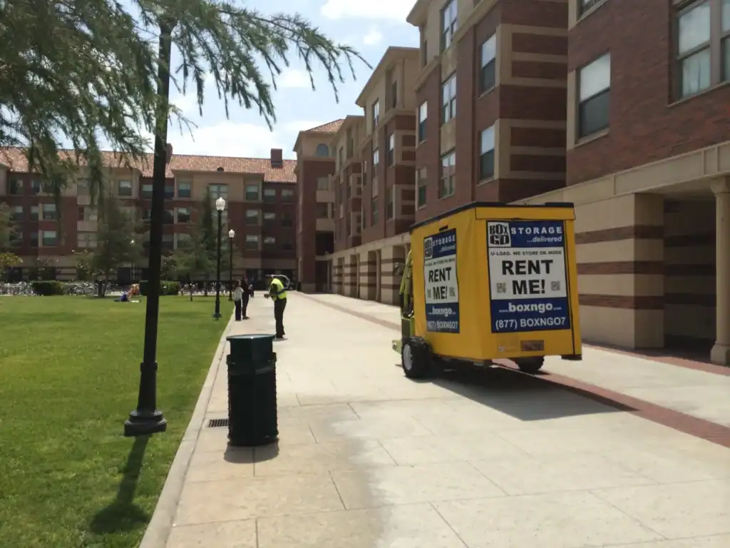 Box-n-Go student storage near Santa Monica with portable storage containers delivered to a college dorm for easy student moving and storage solutions.