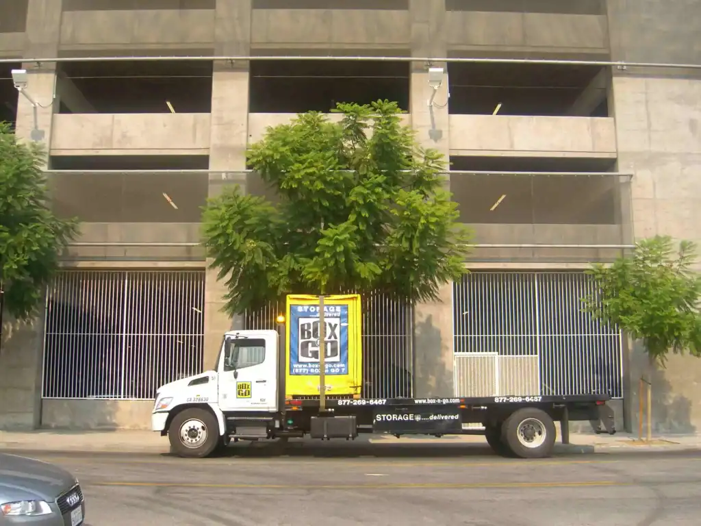 Box-n-Go truck delivering portable self storage in Echo Park CA, offering convenient mobile storage units for residential and business needs.
