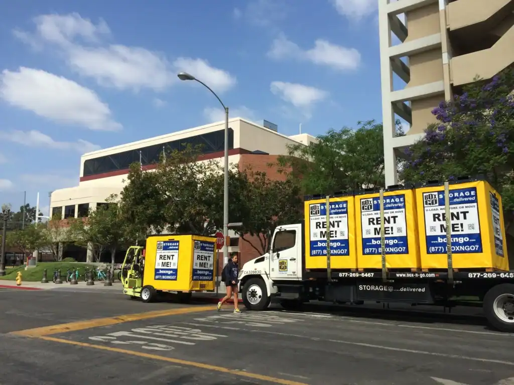 Box-n-Go trucks delivering student storage near Santa Monica with portable storage containers, providing convenient moving and storage solutions for college students.