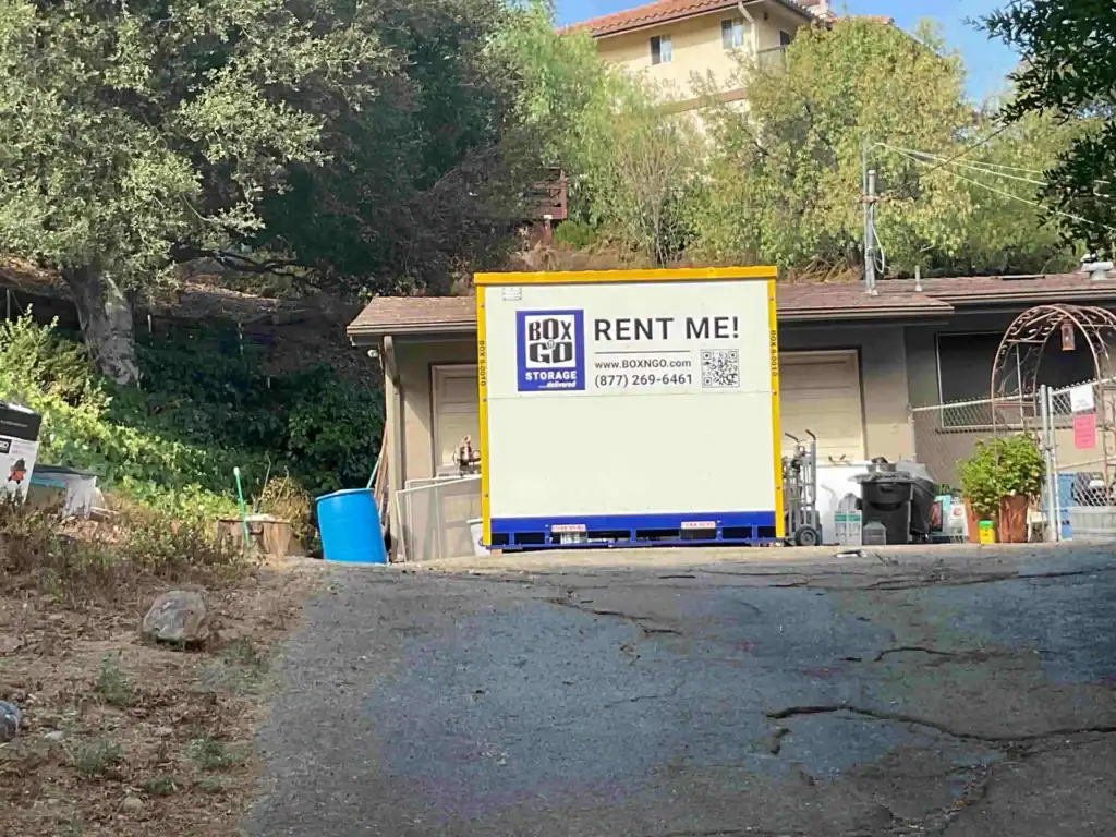 BoxnGo self storage unit in Agoura Hills CA placed in a residential driveway for secure and convenient temporary storage needs.