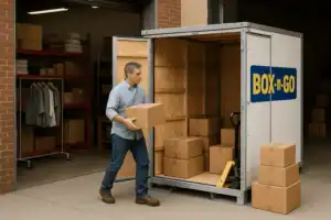 Business owner loading boxes into a Box-n-Go portable storage unit, ideal for secure and flexible business storage in Santa Monica.