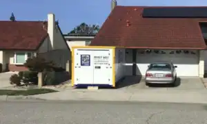 Home renovation storage in Sherman Oaks with a portable Box-n-Go storage container conveniently placed in a residential driveway for secure temporary storage during remodeling.