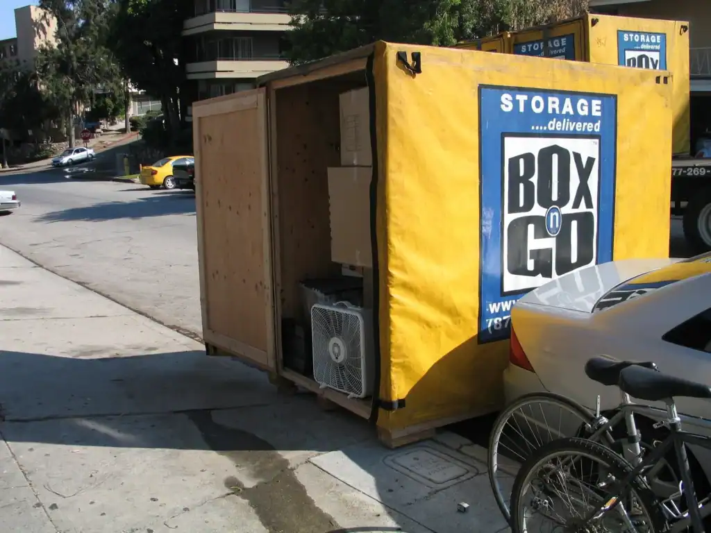 Open Box-n-Go portable storage container with trade show materials inside, offering flexible and secure trade show storage in Santa Monica for event vendors and exhibitors.