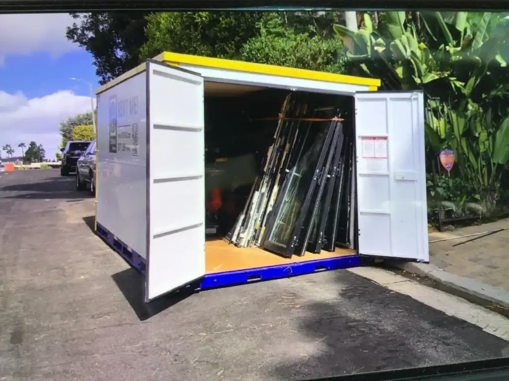 Open portable storage container filled with business equipment and materials, providing secure and flexible business storage West Hollywood solutions for offices, contractors, and retail businesses.