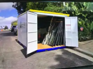 Open portable storage container filled with business equipment and materials, providing secure and flexible business storage West Hollywood solutions for offices, contractors, and retail businesses.