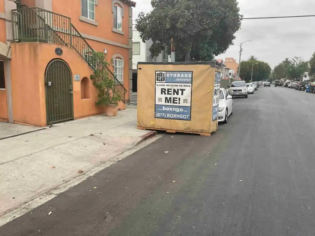 Portable self storage unit in Agoura Hills CA placed on residential street for convenient moving and storage solutions by BoxnGo.