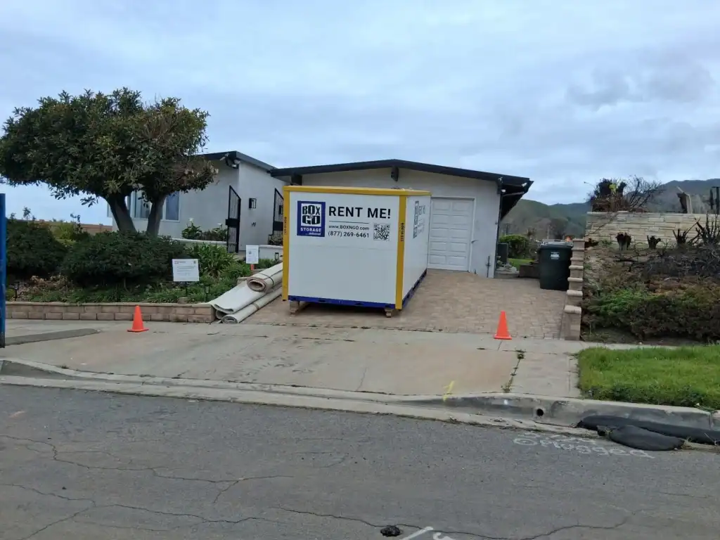 Portable storage container in a Santa Monica driveway, highlighting affordable portable storage cost options for local homeowners.