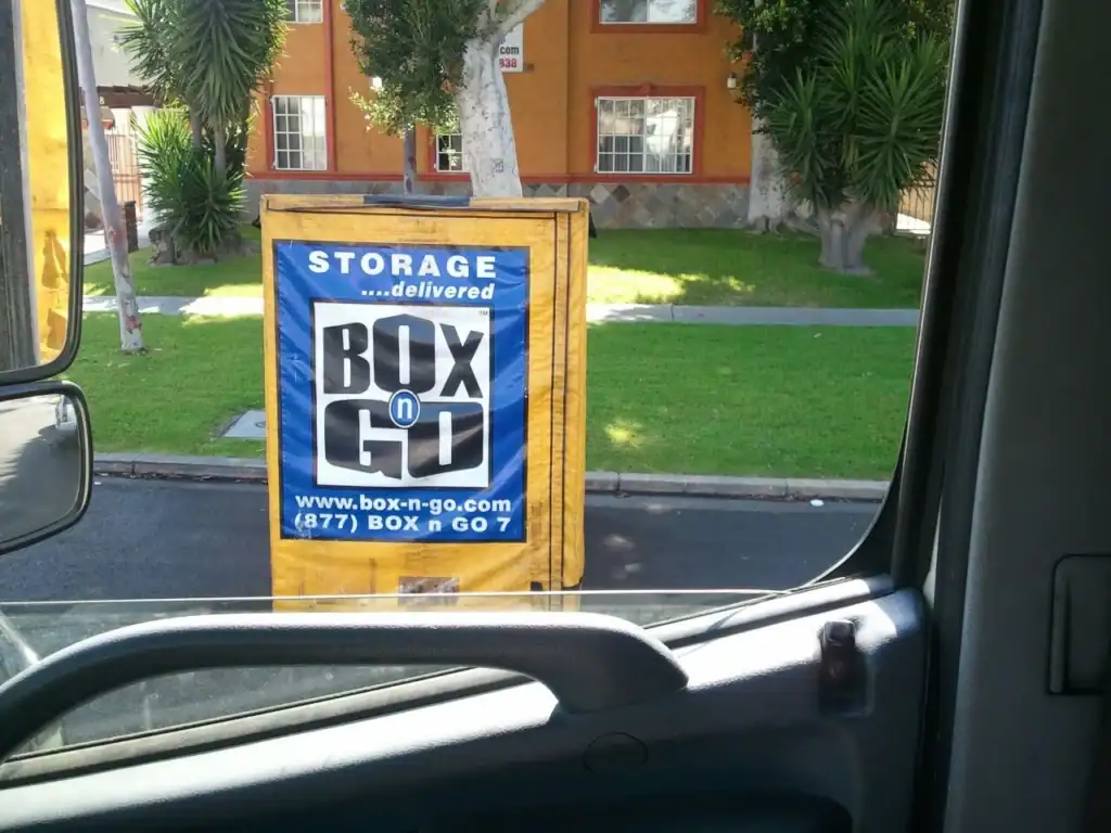 Portable storage delivery Playa del Rey – Box-n-Go storage container placed curbside in a residential neighborhood, showcasing convenient on-demand moving and storage services.