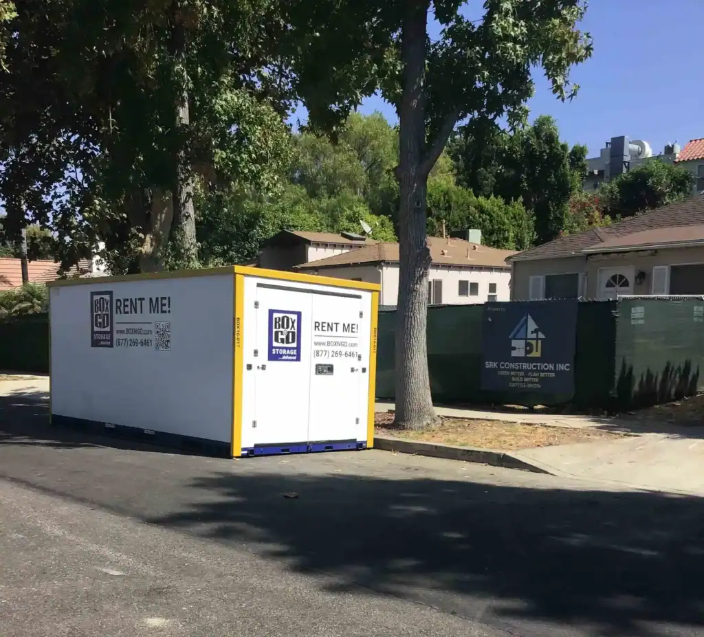 Self Storage Unit in Agua Dulce, CA – A BoxGo portable storage container available for rent, located in front of a residential property with construction signage from SRK Construction Inc. Perfect for those seeking convenient and secure storage solutions in Agua Dulce, CA.