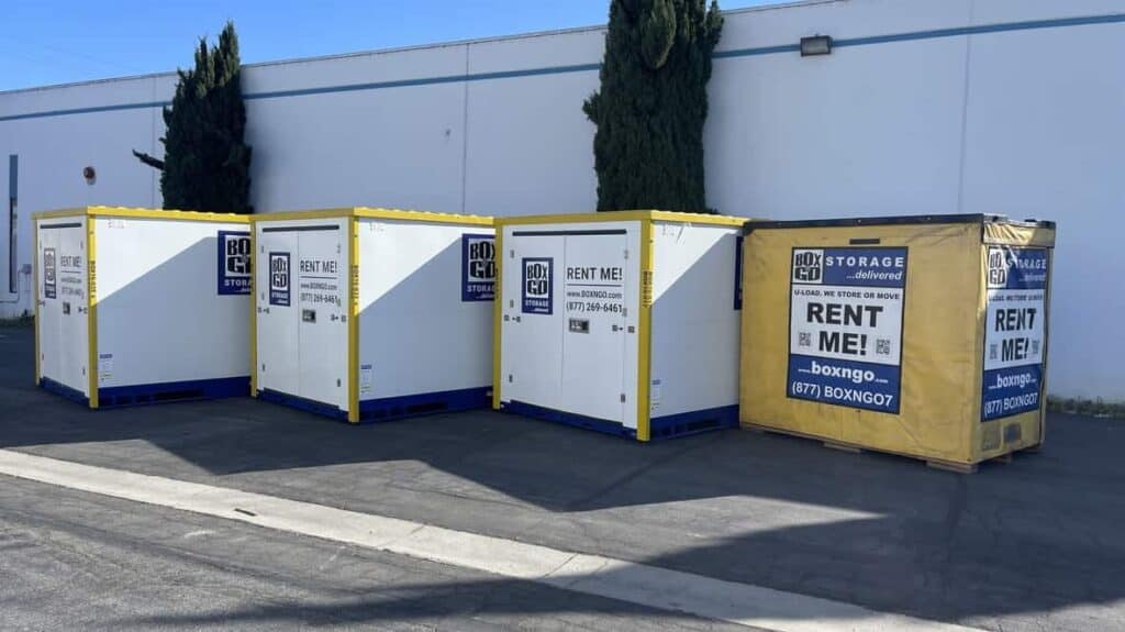 Flexible Portable Self Storage Solutions Tailored for California Residents featuring multiple Box-n-Go portable storage units arranged outdoors, highlighting convenient rental options, durable construction, and versatile on-demand storage services.