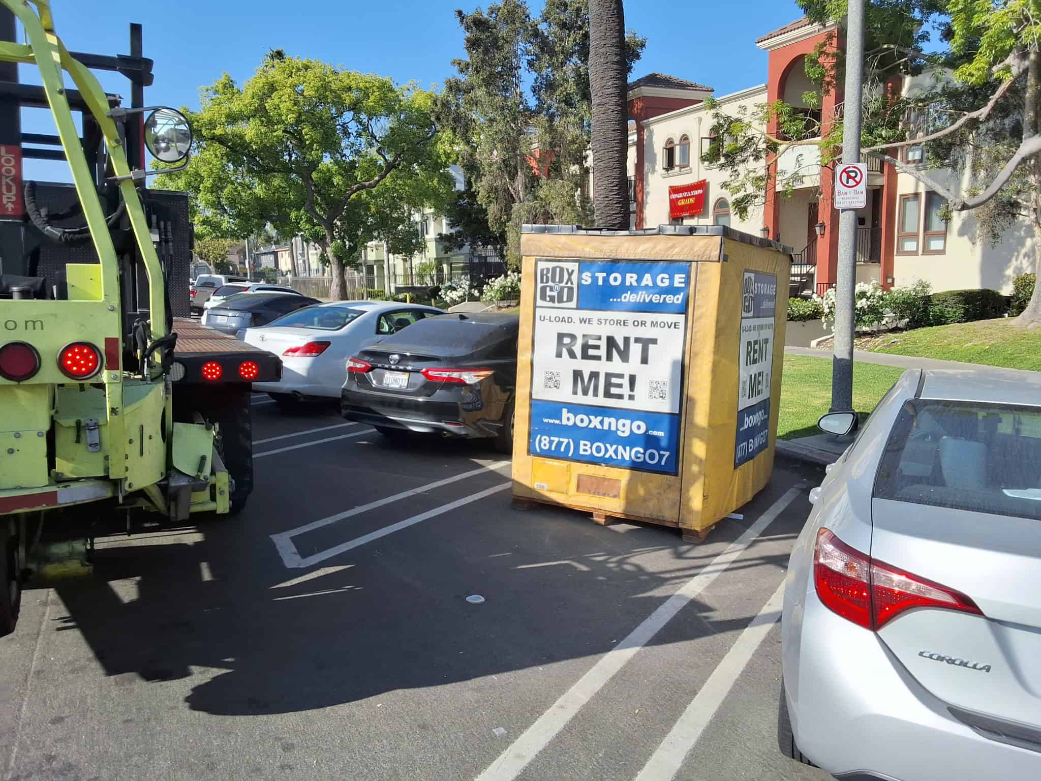 Porter Ranch storage showing Box-n-Go portable storage containers positioned for convenient ground-level loading.