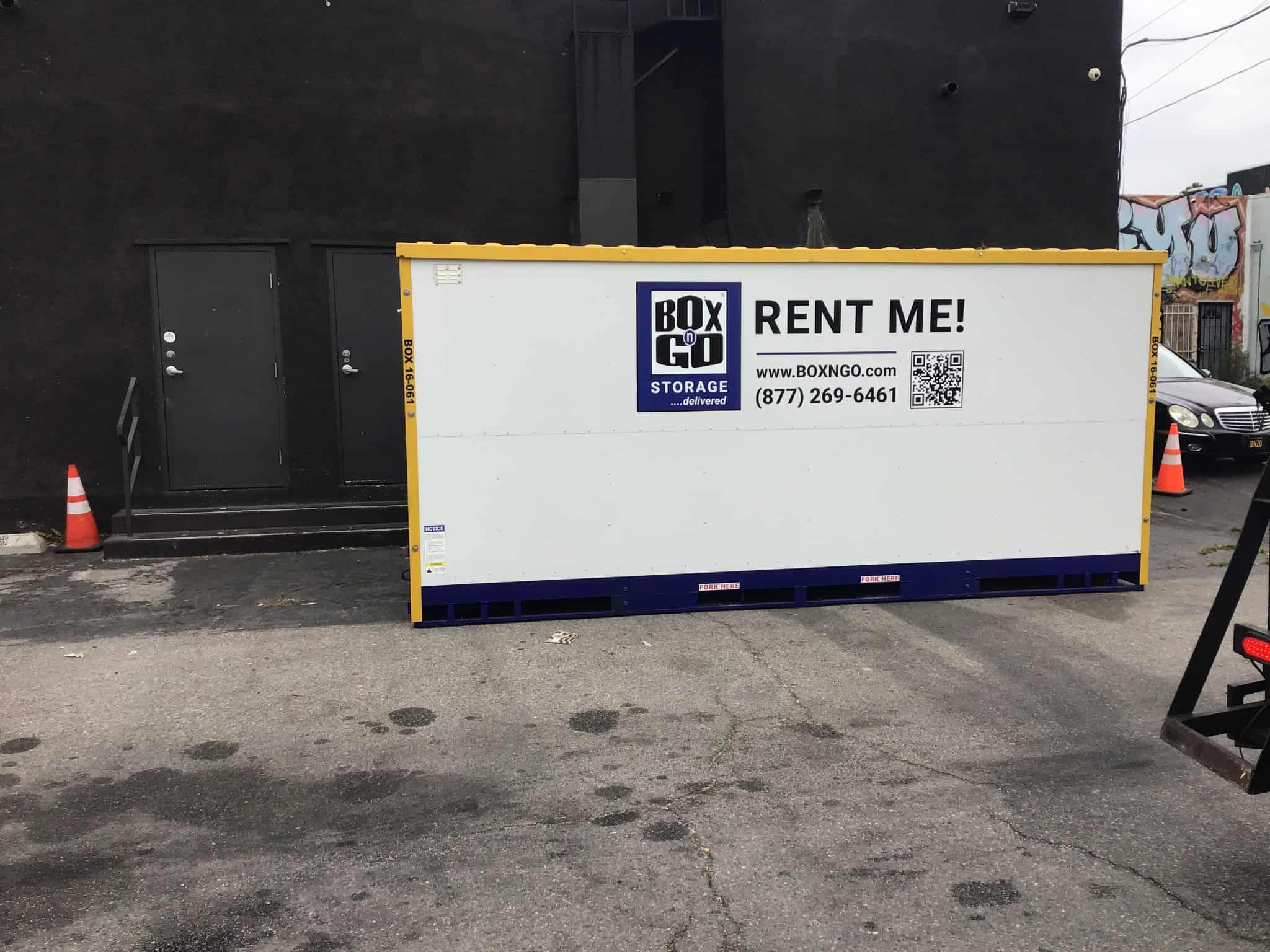 self storage Santa Clarita showing Box-n-Go portable storage containers positioned for convenient ground-level loading.