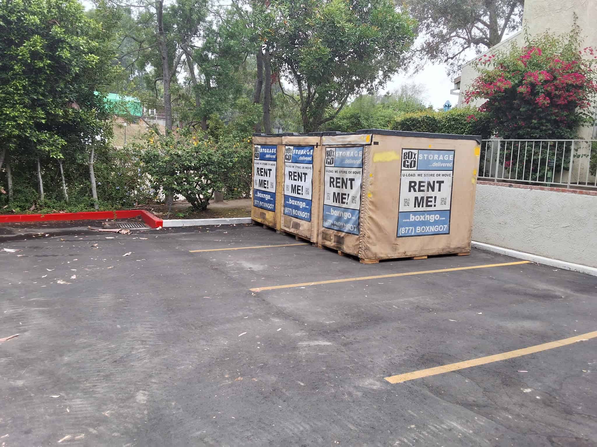 A portable Box-n-Go storage container placed outside a Burbank home, providing flexible on-site storage.