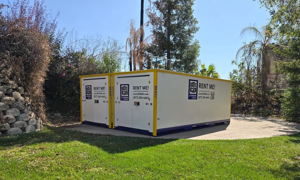 storage Sherman Oaks ca showing Box-n-Go portable storage containers positioned for convenient ground-level loading.